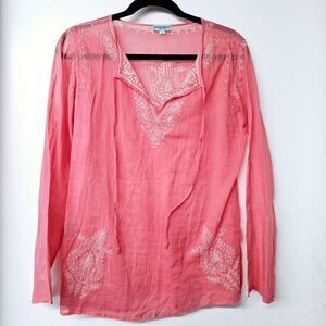 ROBERTA FREYMANN Pink 100% Cotton Embroidered  Sheer Tunic Women Shirt Top (M)